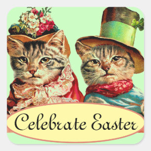 Viktorianische Osterkatzen in Hüten Quadratischer Aufkleber