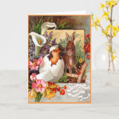 Viktorianische Ostern-Karte - Häschen und Küken Karte (Gelbe Blume)