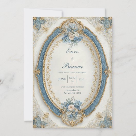 Viktorianische Oval Blue Floral Wedding Einladung (Vorderseite)