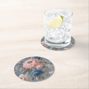 Viktorianische pastellblaue und rosa Blüten Runder Pappuntersetzer