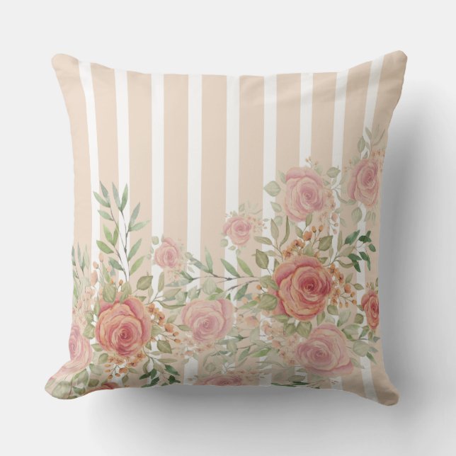 Viktorianische Rosa Rosen Aquarellkunst Kissen (Vorderseite)