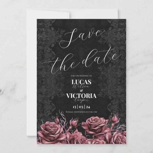 Viktorianische rosa Rosen Gothic Wedding Save the Einladung (Vorderseite)
