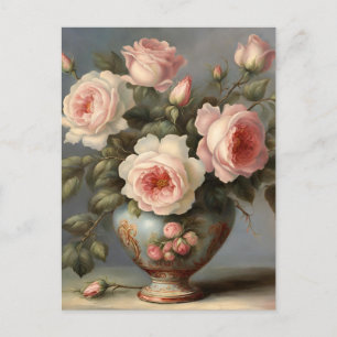 Viktorianische rosa Rosen in einer Vase Postkarte