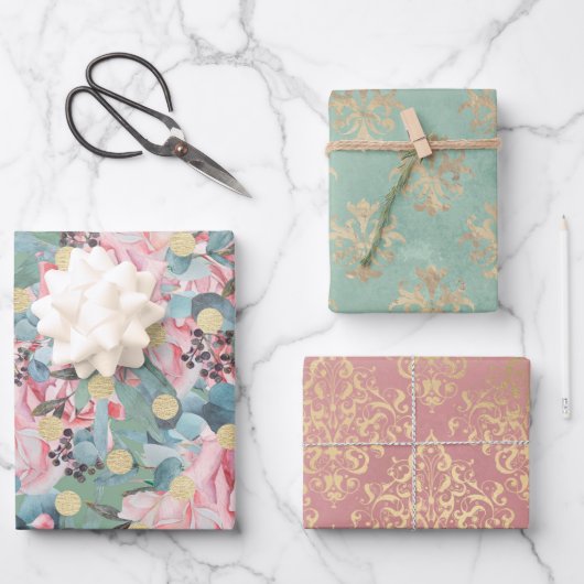 Viktorianische Rose Damast Lilie elegant  Geschenkpapier Set (Vorderseite)