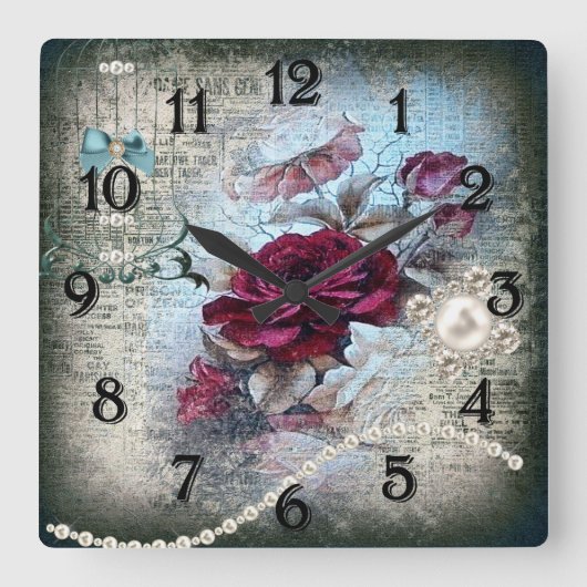 Viktorianische Rose Ephemera Quadratische Wanduhr (Vorderseite)