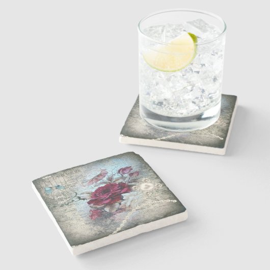 Viktorianische Rose Ephemera Steinuntersetzer (Seitenansicht)