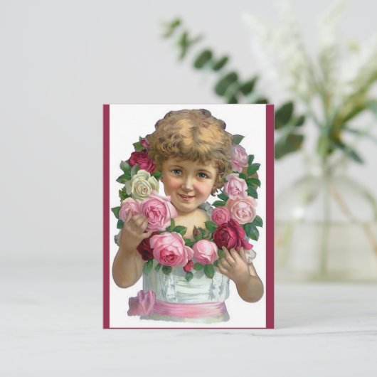 Viktorianische Rose Wreath Girl Postkarte (Stehend Vorderseite)