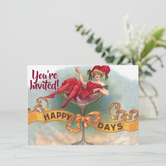 Viktorianische Rote Champagnerfrau Happy Einladung (Stehend Vorderseite)