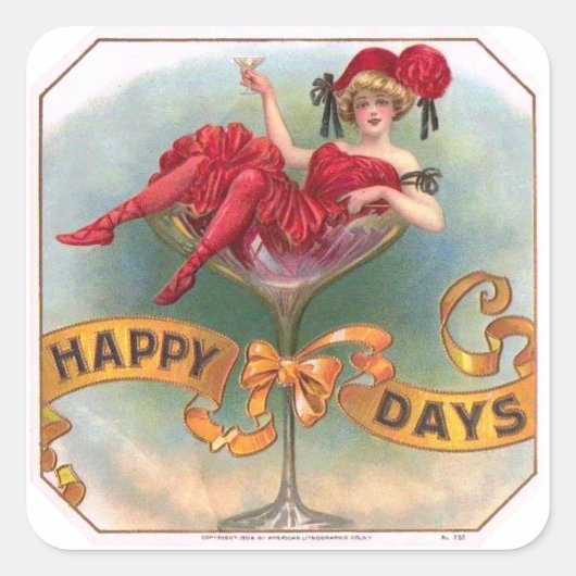 Viktorianische Rote Champagnerfrau Happy Quadratischer Aufkleber (Vorderseite)