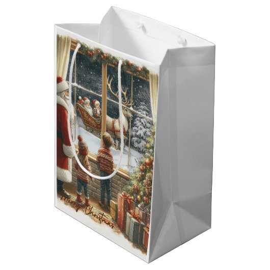 Viktorianische rustikale Weihnachtskarte Mittlere Geschenktüte (Rückseite Schrägansicht)