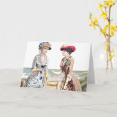 Viktorianische Schönheiten am Strand - Grußkarte Karte (Gelbe Blume)