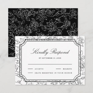 Viktorianische Schwarz-Weiß-Blumen-Linienkunst-Hoc RSVP Karte