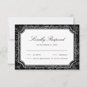 Viktorianische schwarze Blumenlinienkunst-Hochzeit RSVP Karte
