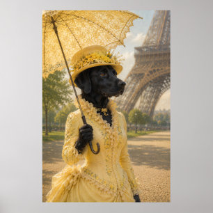 Viktorianische schwarze Labrador-Dame am Eiffeltur Poster