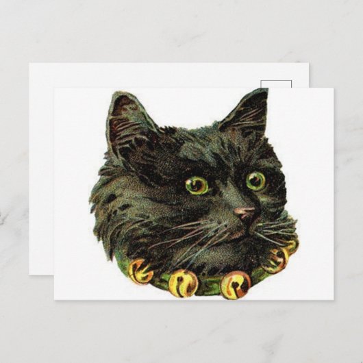 Viktorianische Schwarzkatze mit Glockenhalsband Postkarte (Vorne/Hinten)
