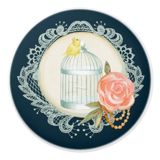 Viktorianische Spitzen-Rose Gold Birdcage Kanarien Keramikknauf (Vorderseite)