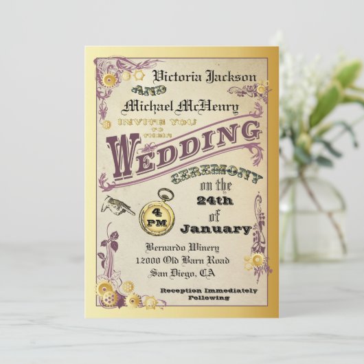 Viktorianische Steampunk-Hochzeitseinladungen Einladung (Stehend Vorderseite)