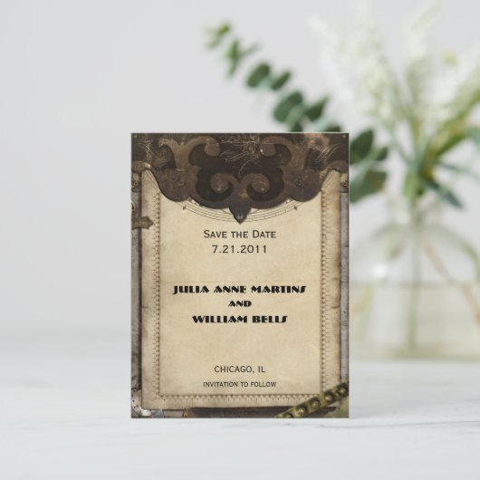 Viktorianische Steampunk-Save the Date Postkarten (Stehend Vorderseite)