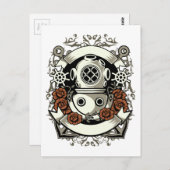 Viktorianische Steampunk-Tiefseetaucher-Rote Rosen Postkarte (Vorne/Hinten)