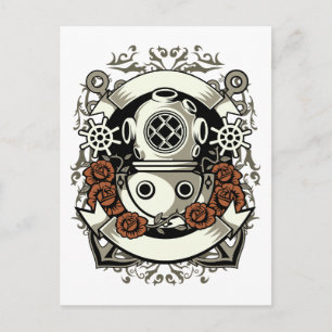 Viktorianische Steampunk-Tiefseetaucher-Rote Rosen Postkarte