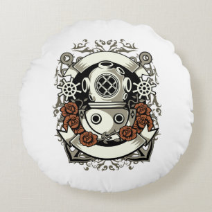 Viktorianische Steampunk-Tiefseetaucher-Rote Rosen Rundes Kissen