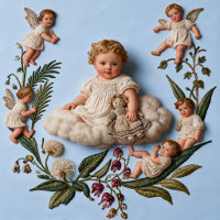 Viktorianische Stickerei Baby-Ragdoll und Cherubim