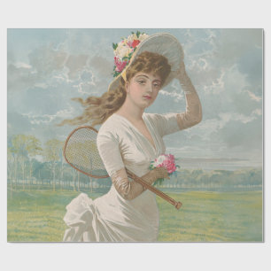 Viktorianische Tennisdame mit Blumenhut Antik Geschenkpapier