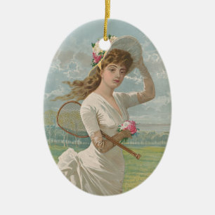 Viktorianische Tennisdame mit Blumenhut Antik Keramik Ornament