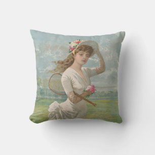 Viktorianische Tennisdame mit Blumenhut Antik Kissen