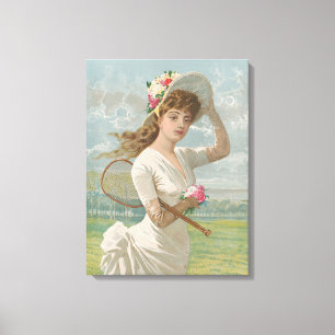 Viktorianische Tennisdame mit Blumenhut Antik Leinwanddruck