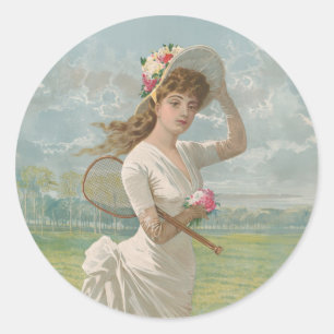 Viktorianische Tennisdame mit Blumenhut Antik Runder Aufkleber