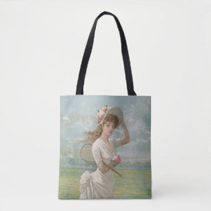 Viktorianische Tennisdame mit Blumenhut Antik Tasche