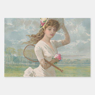 Viktorianische Tennisdame mit Blütenhut Antik Geschenkpapier Set