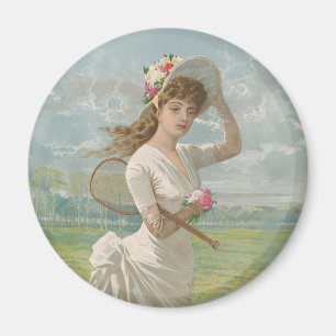 Viktorianische Tennisdame mit Blütenhut Antik Magnet