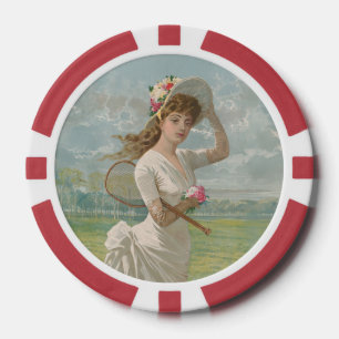 Viktorianische Tennisdame mit Blütenhut Antik Pokerchips