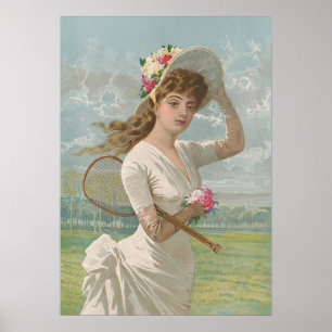 Viktorianische Tennisdame mit Blütenhut Antik Poster