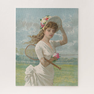 Viktorianische Tennisdame mit Blütenhut Antik Puzzle
