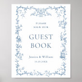 Viktorianische Verzierte Dusty Blue Floral Gästebu Poster (Vorne)