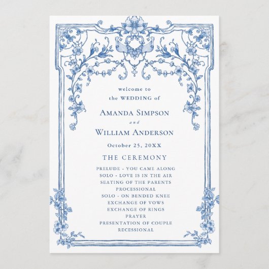 Viktorianische Verzierte Grace Dusty Blue Hochzeit Programm (Vorderseite)