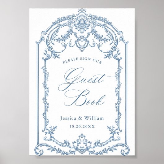 Viktorianische Verzierte Grace Floral Blue Gästebu Poster (Vorne)