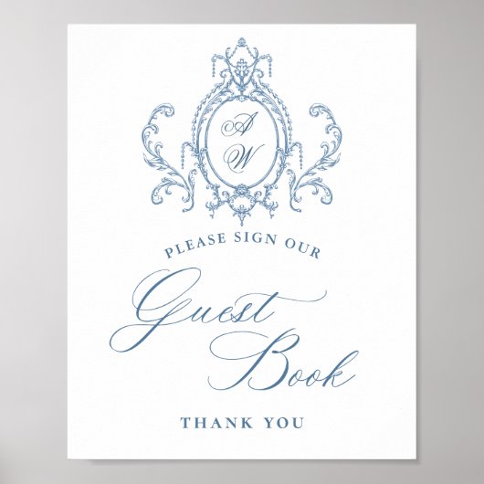 Viktorianische Verzierte Grace Floral Blue Gästebu Poster (Vorne)