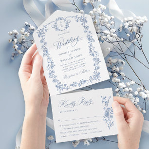 Viktorianische Verzierte Grace Floral Dusty Blue W All In One Einladung