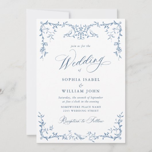 Viktorianische Verzierte Grace Floral Dusty Blue W Einladung (Vorderseite)