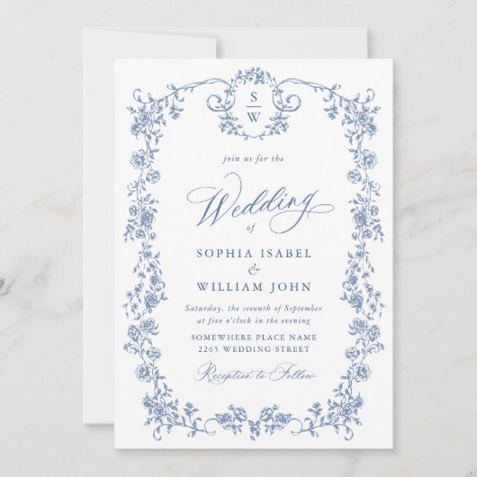 Viktorianische Verzierte Grace Floral Dusty Blue W Einladung (Vorderseite)