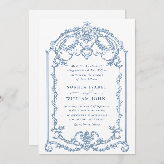 Viktorianische Verzierte Grace Floral Dusty Blue W Einladung (Vorne/Hinten)