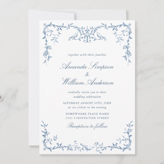 Viktorianische Verzierte Grace Floral Dusty Blue W Einladung (Vorderseite)