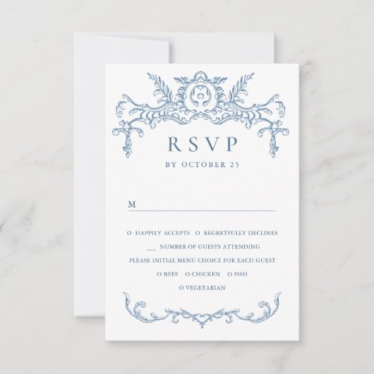 Viktorianische Verzierte Grace Floral Dusty Blue W RSVP Karte (Vorderseite)