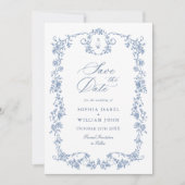 Viktorianische Verzierte Grace Floral Dusty Blue W Save The Date (Vorderseite)