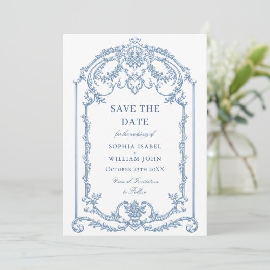 Viktorianische Verzierte Grace Floral Dusty Blue W Save The Date (Stehend Vorderseite)