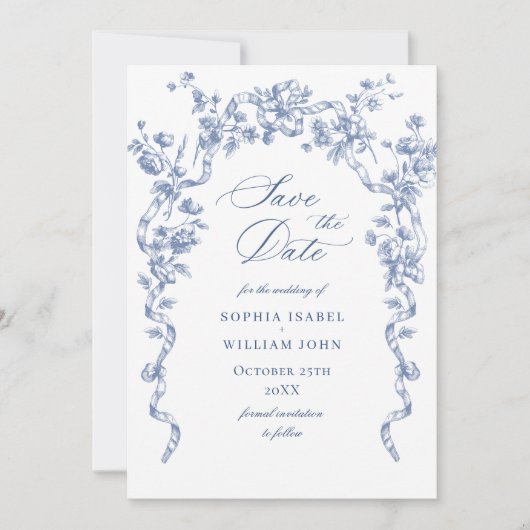 Viktorianische Verzierte Grace Floral Dusty Blue W Save The Date (Vorderseite)